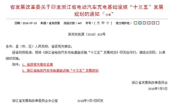 浙江省发布“十三五”电动汽车充电基础设施建设规划